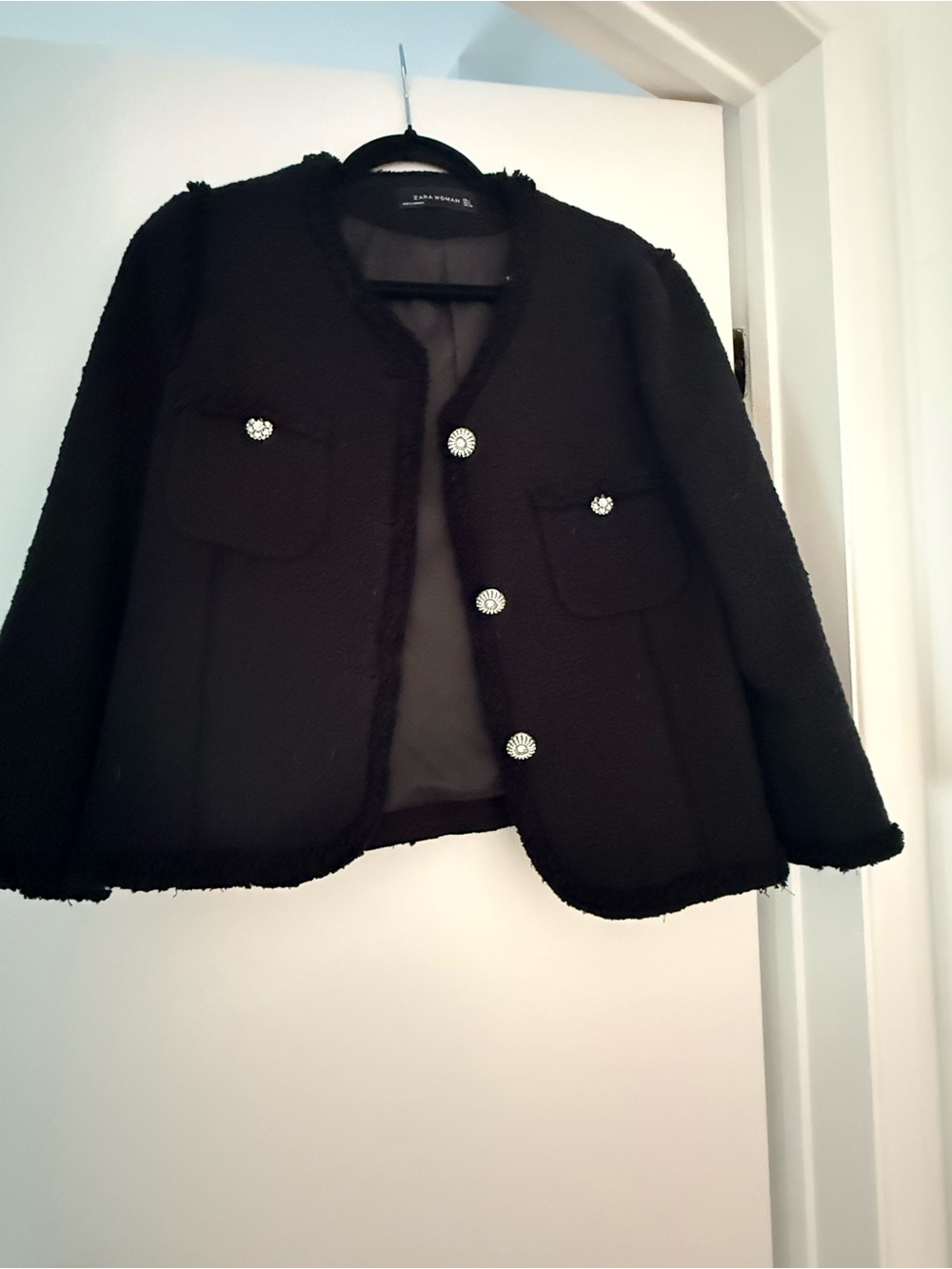 Zara Black Bouclé Cropped Pocket Jacket with Decorative Buttons